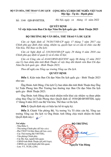 QUYẾT ĐỊNH - Về việc kiện toàn Ban Chỉ đạo Năm Du lịch quốc gia - Bình Thuận 2023.